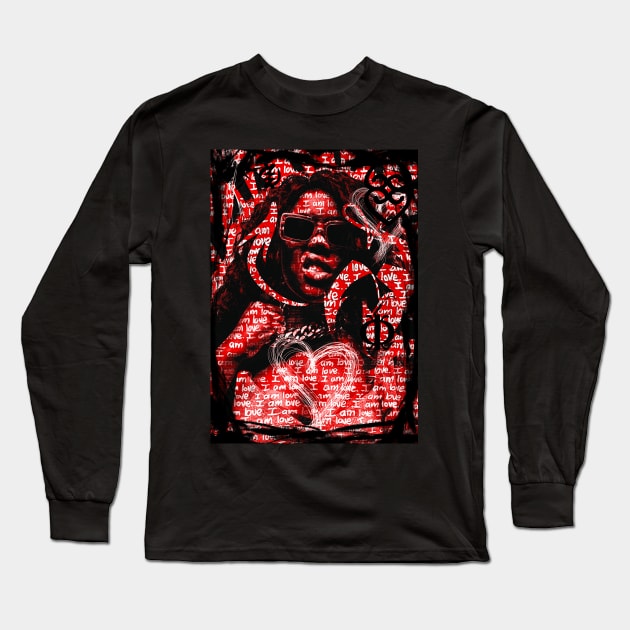 I Am Love Strong Black Woman Neo Pop Art Red Long Sleeve T-Shirt by Glass Table Designs